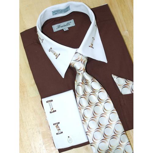 Fratello Brown With Brown / Beige  Laced Spread Collar And French Cuffs Shirt/Tie/Hanky Set  FRV4105P2
